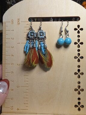 Boho Turquoise Bead & Multicolor Feather Dangle Earrings
